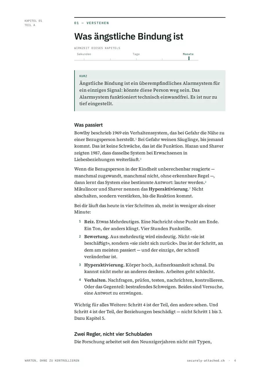 Kapitel 01, «Was ängstliche Bindung ist», mit Kurzfassung, Mechanismus in vier Schritten und Quellenverweisen
