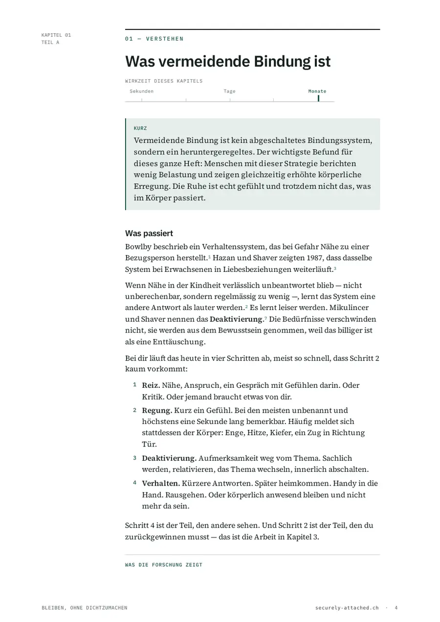 Kapitel 01, «Was vermeidende Bindung ist», mit Kurzfassung, Mechanismus in vier Schritten und Quellenverweisen
